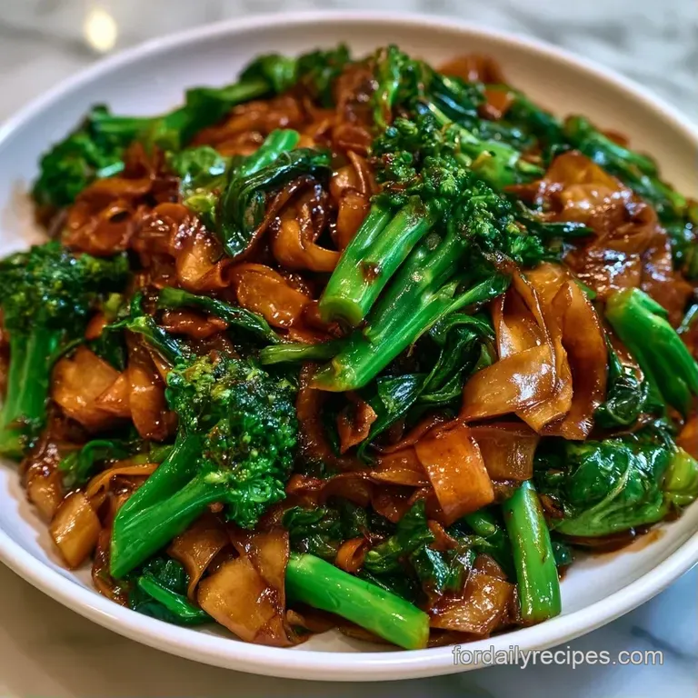 Stir-fried wide noodles with charred edges and bright green stalks served on a minimalist ceramic plate.