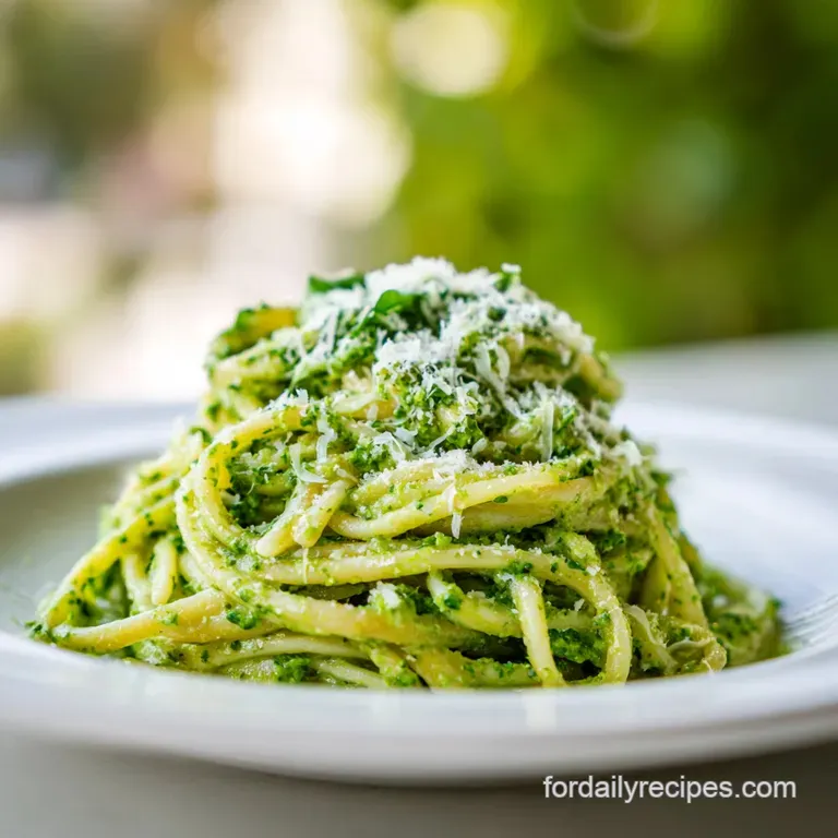Perfectly twirled pasta with vibrant broccoli, drizzled with a luscious sauce, garnished with red pepper flakes on a white...