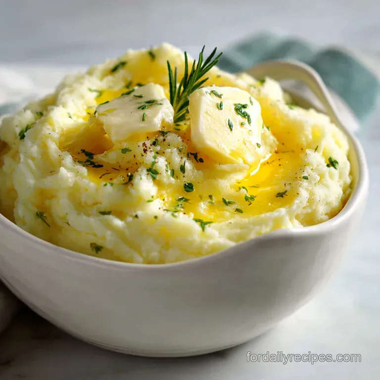 A mound of buttery, pale yellow mashed potatoes, garnished with fresh chives, sits on a white plate with a swirl of cream.