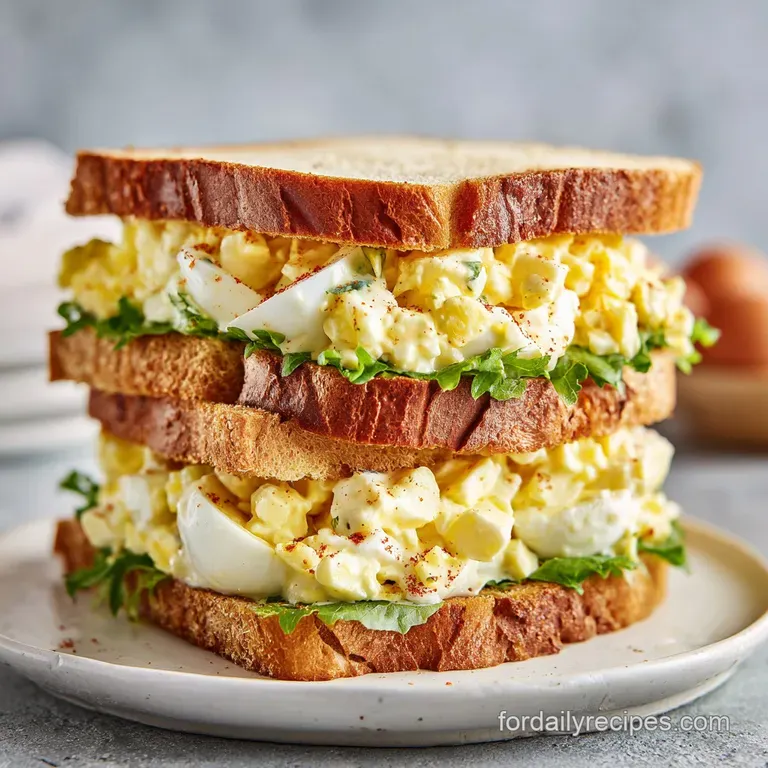 Elegant egg salad sandwich quarter, showing layers of creamy filling and soft bread on a white plate, ready to eat.