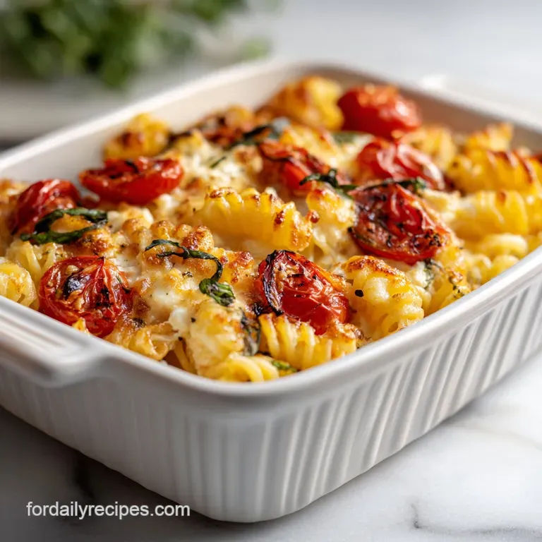 Plated baked feta pasta twirled on a fork, steam rising. Bright, roasted sweet tomatoes & herbs create a vibrant, rustic d...