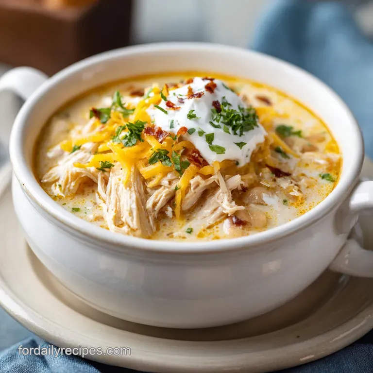 Elegant bowl of white chili, garnished with fresh cilantro, a lime wedge, and a drizzle of vibrant green chili oil.