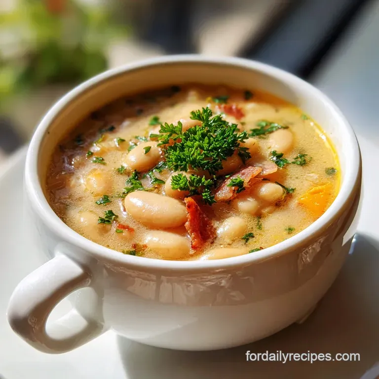 Elegant bowl of smooth, ivory-colored soup, topped with vibrant green parsley & a drizzle of golden olive oil.