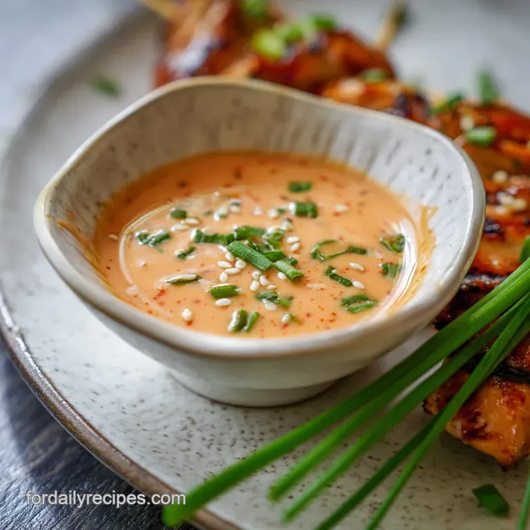 Delicate, light orange Yum Yum sauce in a small ramekin, ready to be dipped; hints of paprika add color.