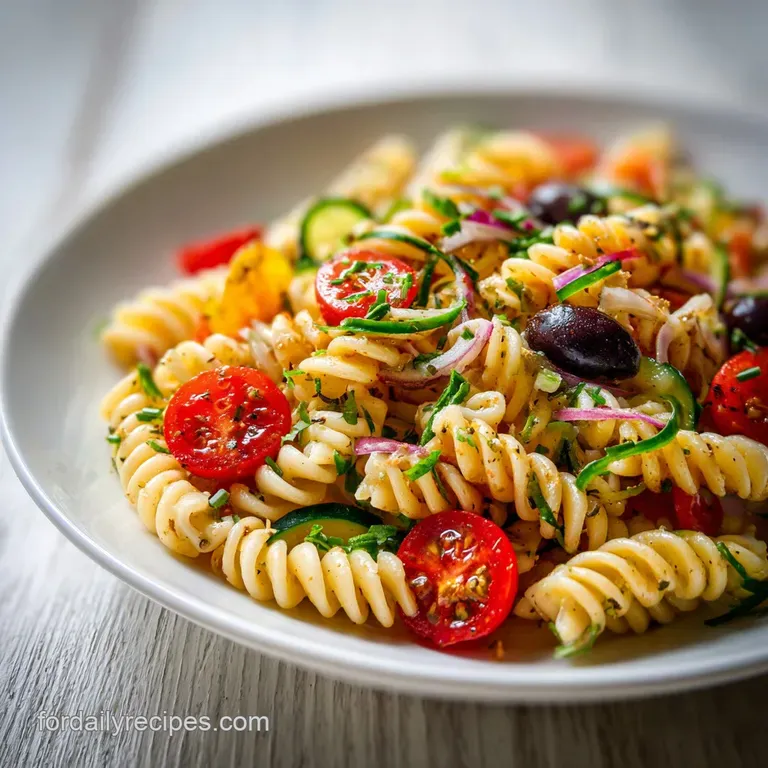 Neatly plated pasta salad with bright vegetables. Shaved parmesan and fresh basil accent this delicious and colorful summe...